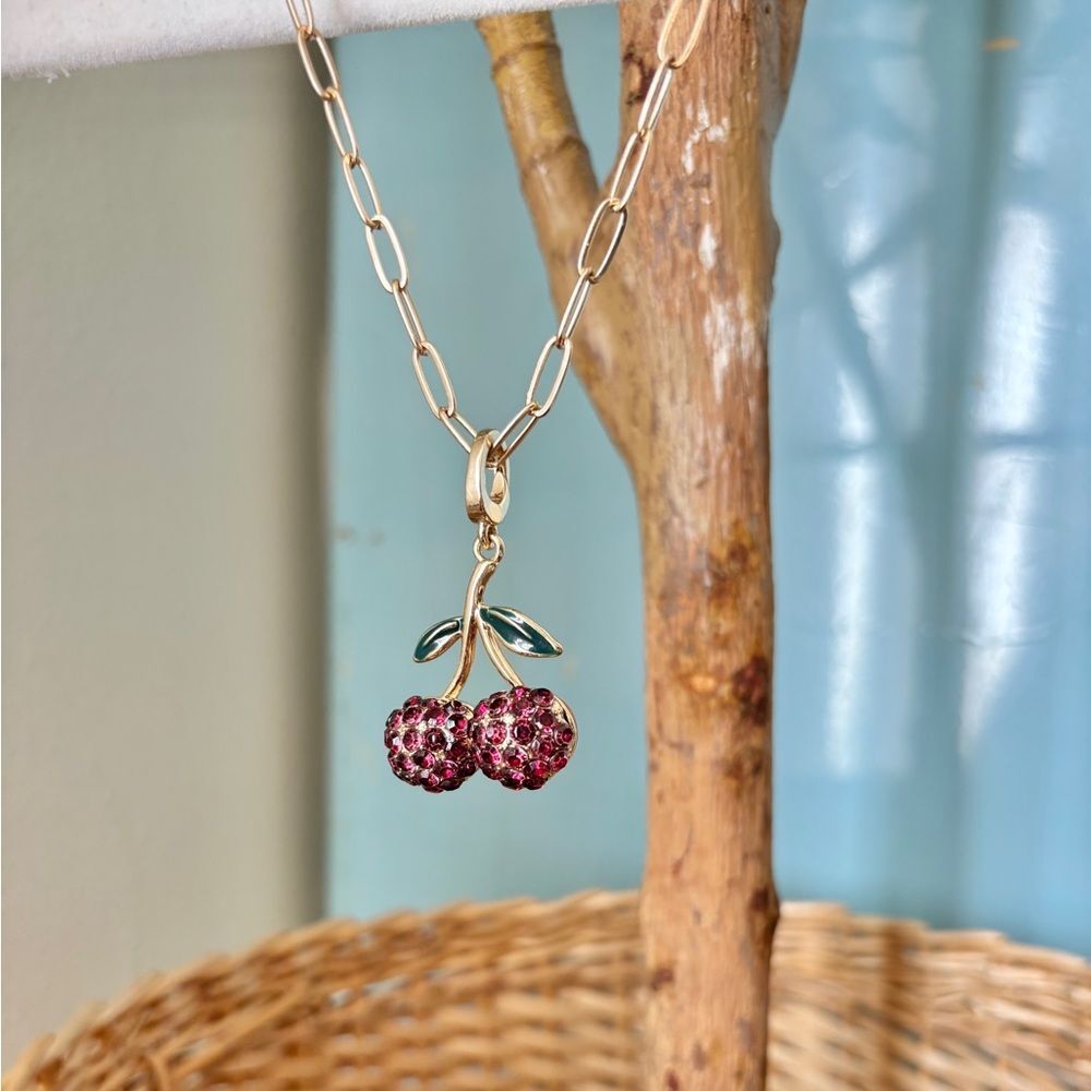 Gold Tone Cherry Pendant Necklace Rhinestone Fruit Charm